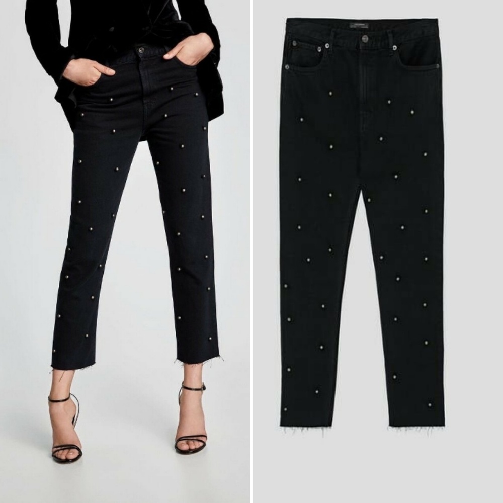 Zara Black Pearl Mesh Applique High Rise Jeans - Picture 1 of 3